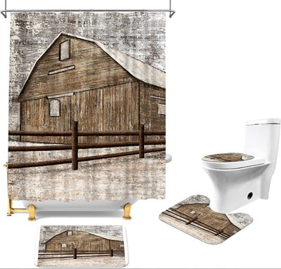 Lichidare de Stoc! Set Pentru Baie: Perdea, Covorase Si Husa De Toaleta - Rustic Farm